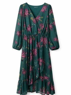 Ava & Viv Green Floral Faux-Wrap Midi Dress Cottagecore Boho Romantic